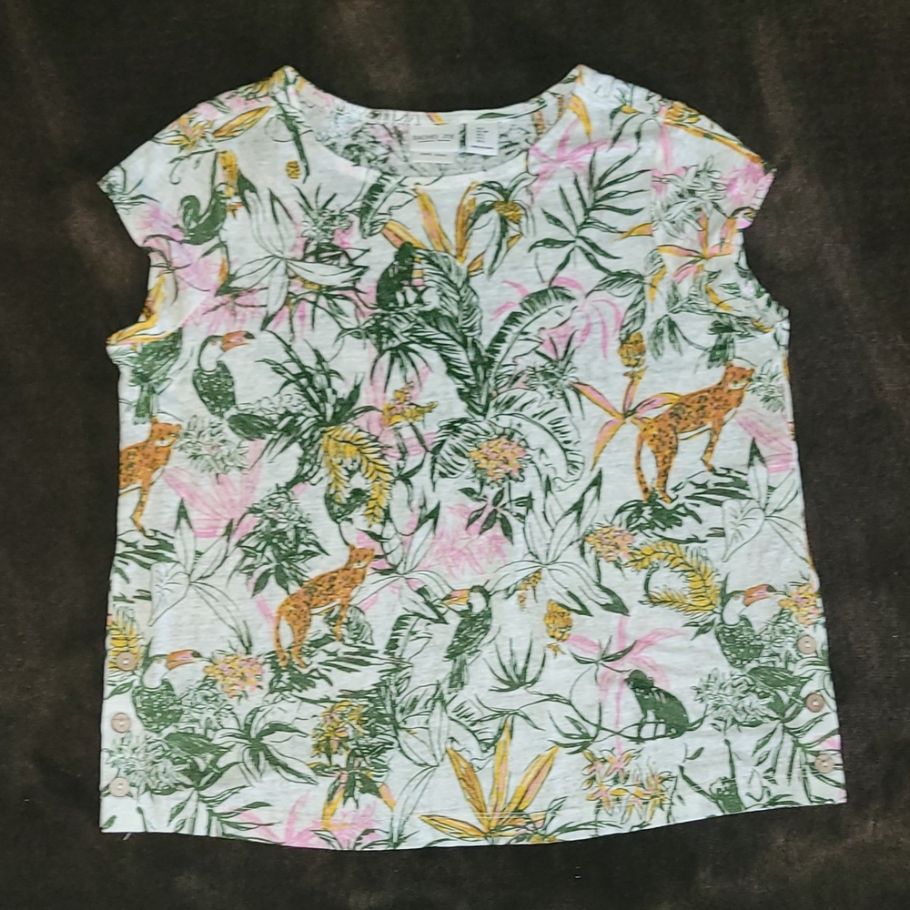 New RACHEL Zoe Womens Tropical Print Tee T Shirt Top Blouse S